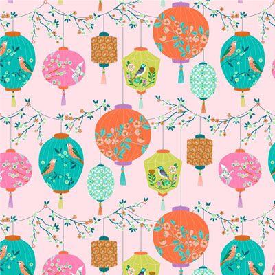 Blossom Days Fabric: Chinese Lanterns on Pale Pink (per 1/4 metre)