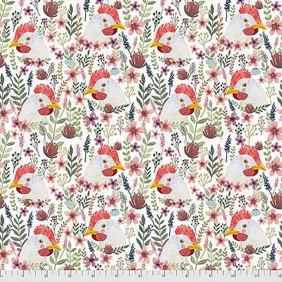 Mia Charro Farm Friends fabric: Floral Chicken White (per 1/4 metre)