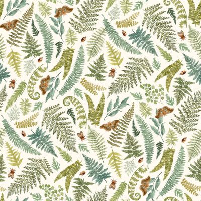 Wild Harvest fabric: Ferns and Moths, White