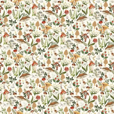 Wild Harvest fabric: Fungi and Leaves, White