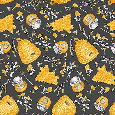 Show Me The Honey Fabric: Beehives & Honey Jars Grey (per 1/4 metre)