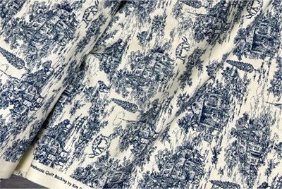 Traditional Quilt Back:Farmhouse Scene Blue/White (per 1/4 metre)