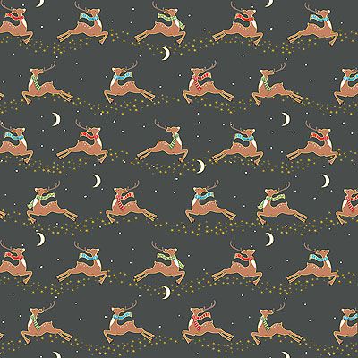 Merry Christmas fabric: Flying Reindeer Dark Grey (per 1/4 metre)