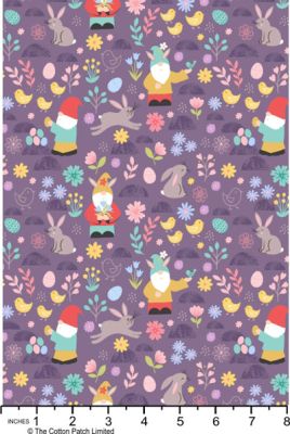 Spring Treats Fabric: Bunnies and Gnomes Purple (per 1/4 metre)