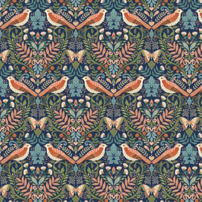 Luxe fabric: Damask Birds Navy (per 1/4 metre)