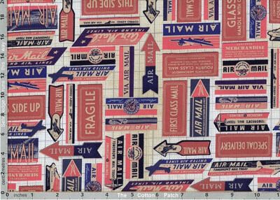 Tim Holtz Fabric: Eclectic Elements Correspondence Air Mail in Red (per 1/4 metre)