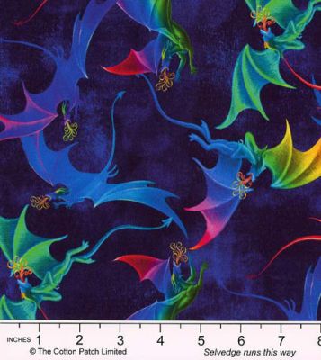 Rainbow Dragon fabric: Rainbow Dragons on Navy