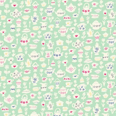 Tea For Two Fabric: Teacup Treasures Mint (per 1/4 metre)