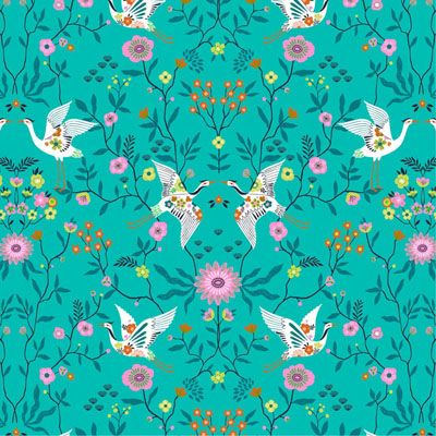 Blossom Days Fabric: Cranes on Turquoise (per 1/4 metre)