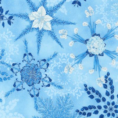 Holiday Flourish Snow Flower fabric Snowflake Leaves Blue (per 1/4 metre)