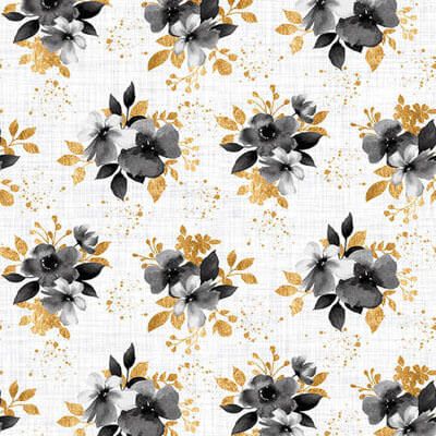 Watercolour Sketchbook Fabric: Small Bouquets Grey/Gold (per 1/4 metre)