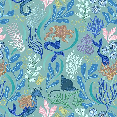 Moontide fabric: Mermaids Gold/Teal Lewis and Irene