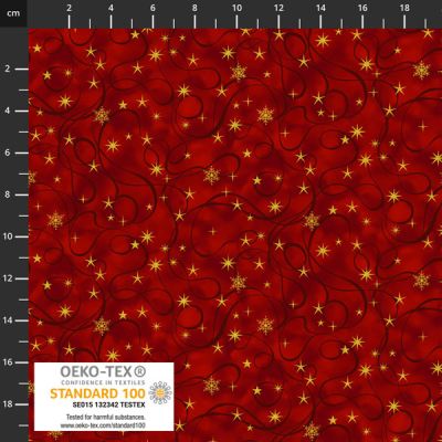 Christmas Star Glitter fabric: Ribbon stars on red