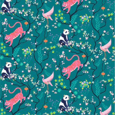 Blossom Days Fabric: Animals in Trees Teal (per 1/4 metre)