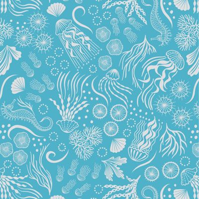 Moontide fabric: Under the Sea Silver Metallic on Turquoise Lewis and Irene