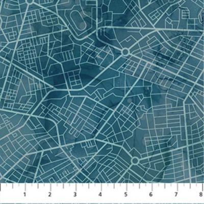 City Harbour fabric: Grid Map, Blue