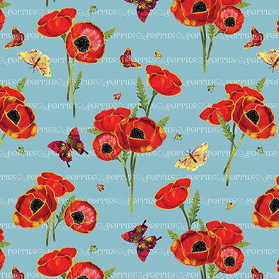 Poppy Days Fabric: Poppies & Butterflies Blue (per 1/4 metre)