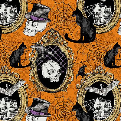 Mystery Manor Halloween fabric: Antique Frames Orange (per 1/4 metre)