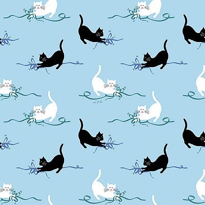 Cat in the Box Fabric: Cats & Ribbons Aqua (per 1/4 metre)