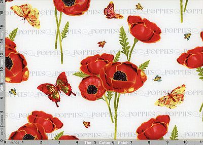 Poppy Days Fabric: Poppies & Butterflies White (per 1/4 metre)