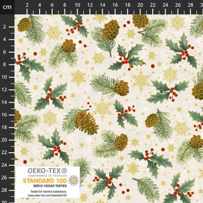 Christmas Star Glitter fabric: Pine cones on cream