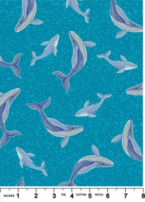 Ocean Glow Fabric Whales on Aqua (Glow in the Dark) Lewis and Irene