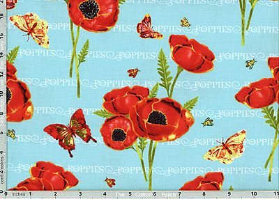 Poppy Days Fabric: Poppies & Butterflies Blue (per 1/4 metre)