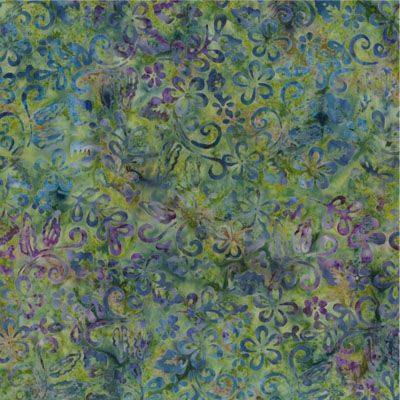 Mystic Vineyard Batik Fabric: Plumeria Green/Purple