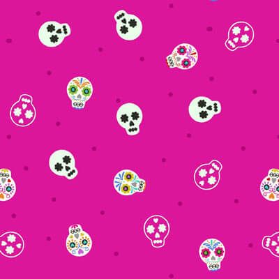 Small Things Glow Fabric: Sugar Skulls Bright Pink Lewis and Irene