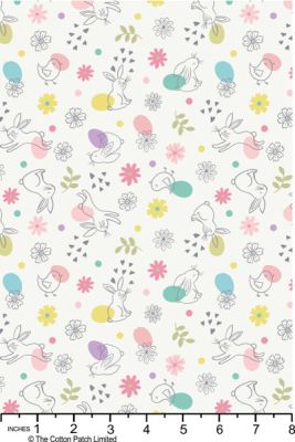 Spring Treats Fabric: Chicks and Bunnies White (per 1/4 metre)