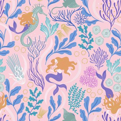 Moontide fabric: Mermaids on Pink with Gold Metallic Lewis and Irene