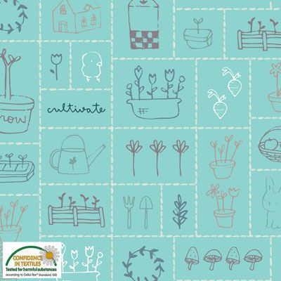 Gardening Fabric: Flower Garden Aqua (per 1/4 metre)