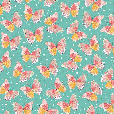 Confetti Blossoms fabric: Butterflies Aqua (per 1/4 metre)