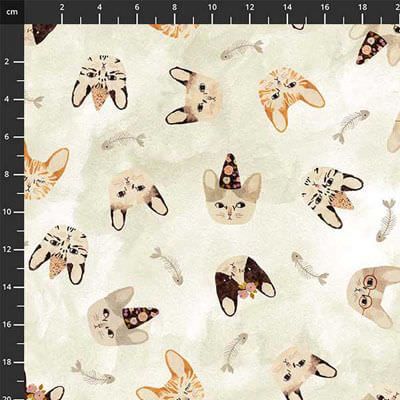 Marcel Fabric: Party Hats on Cats Cream (per 1/4 metre)