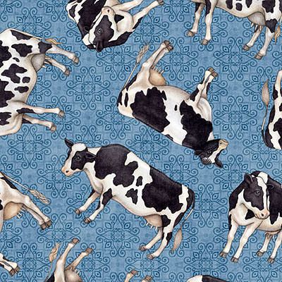 Greener Pastures Fabric: Cows Blue (per 1/4 metre)