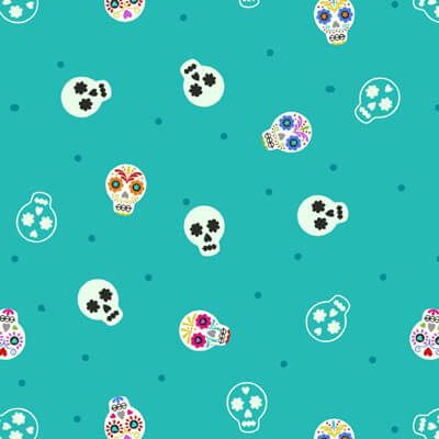 Small Things Glow Fabric: Sugar Skulls Turquoise Lewis and Irene