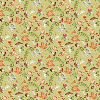 Wild Harvest fabric: Mushrooms and Leaves, Green