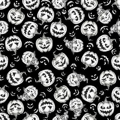 Hocus Pocus Halloween Fabric: Tossed Pumpkins Black (per 1/4 metre)