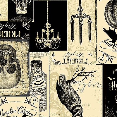 Mystery Manor Halloween fabric: Spooky Invites Cream (per 1/4 metre)