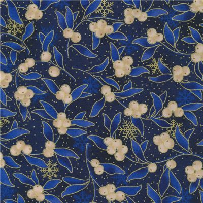 Christmas Wonders fabric: Gold mistletoe on Blue (per 1/4 metre)