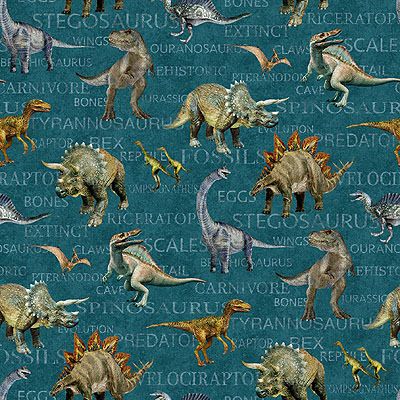 Prehistoric World: Dinosaur Text Blue (per 1/4 metre)