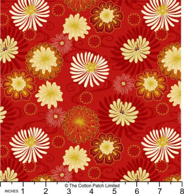 Year of the Dragon fabric: Red Floral, Gold Metallic