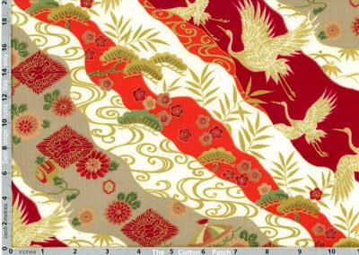 Imperial Collection Fabric: Cranes on Diagonal Wave Red (per 1/4 metre)