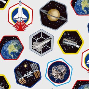 Planetary Missions Fabric: Space Patches White (per 1/4 metre) | 