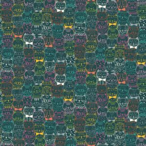 Whiskers Fabric Makower Portrait Cats Teal | 