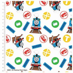 Thomas and Friends Explorers fabric: Train Signs White (per 1/4 metre) | 