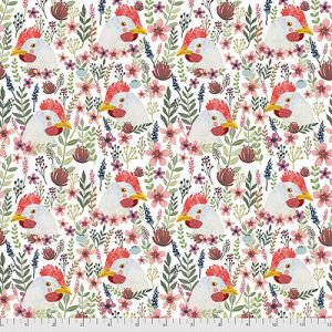 Mia Charro Farm Friends fabric: Floral Chicken White (per 1/4 metre) | 