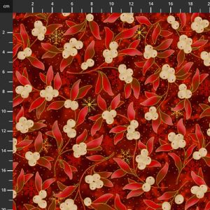 Christmas Wonders fabric: Gold Mistletoe on Red (per 1/4 metre) | 