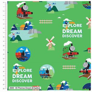 Thomas and Friends Explorers fabric: Dream and Explore Green (per 1/4 metre) | 