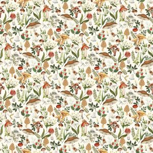 Wild Harvest fabric: Fungi and Leaves, White | 